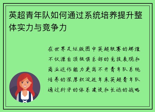 英超青年队如何通过系统培养提升整体实力与竞争力 英超青年队如何通过系统培养提升整体实力与竞争力